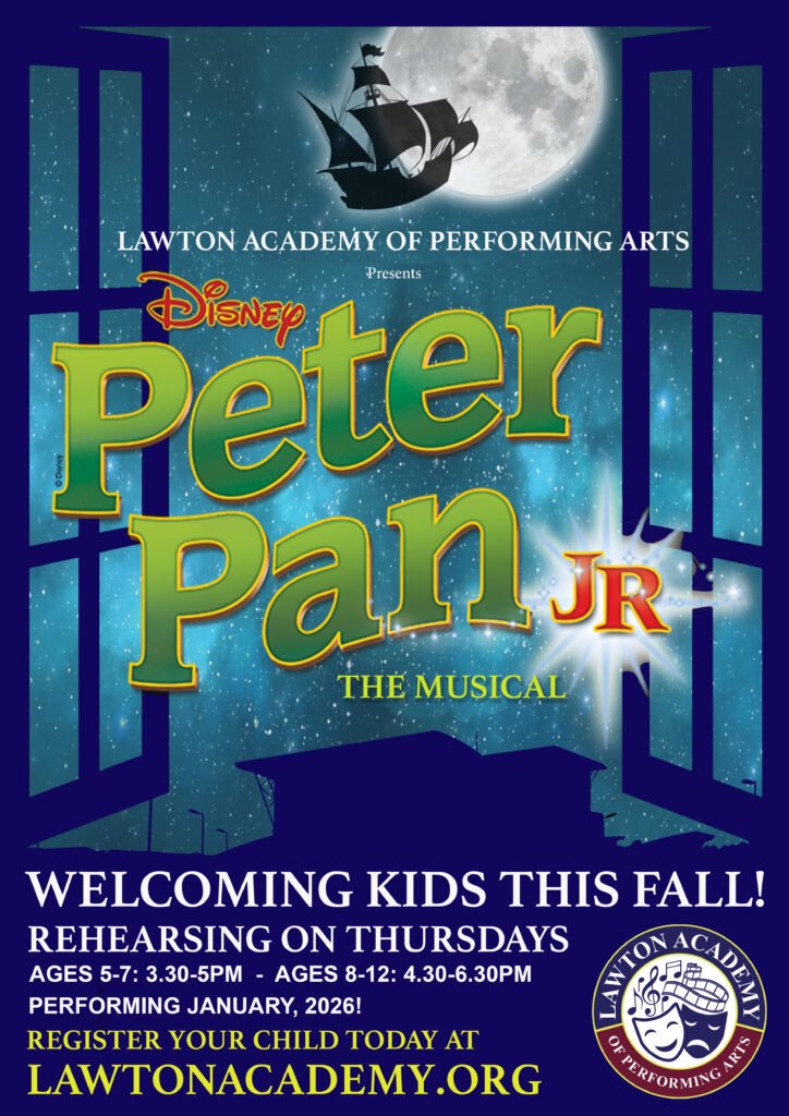 Peter Pan Jr. poster for kids’ musical theater at Lawton Academy on Long Island, ages 5–12